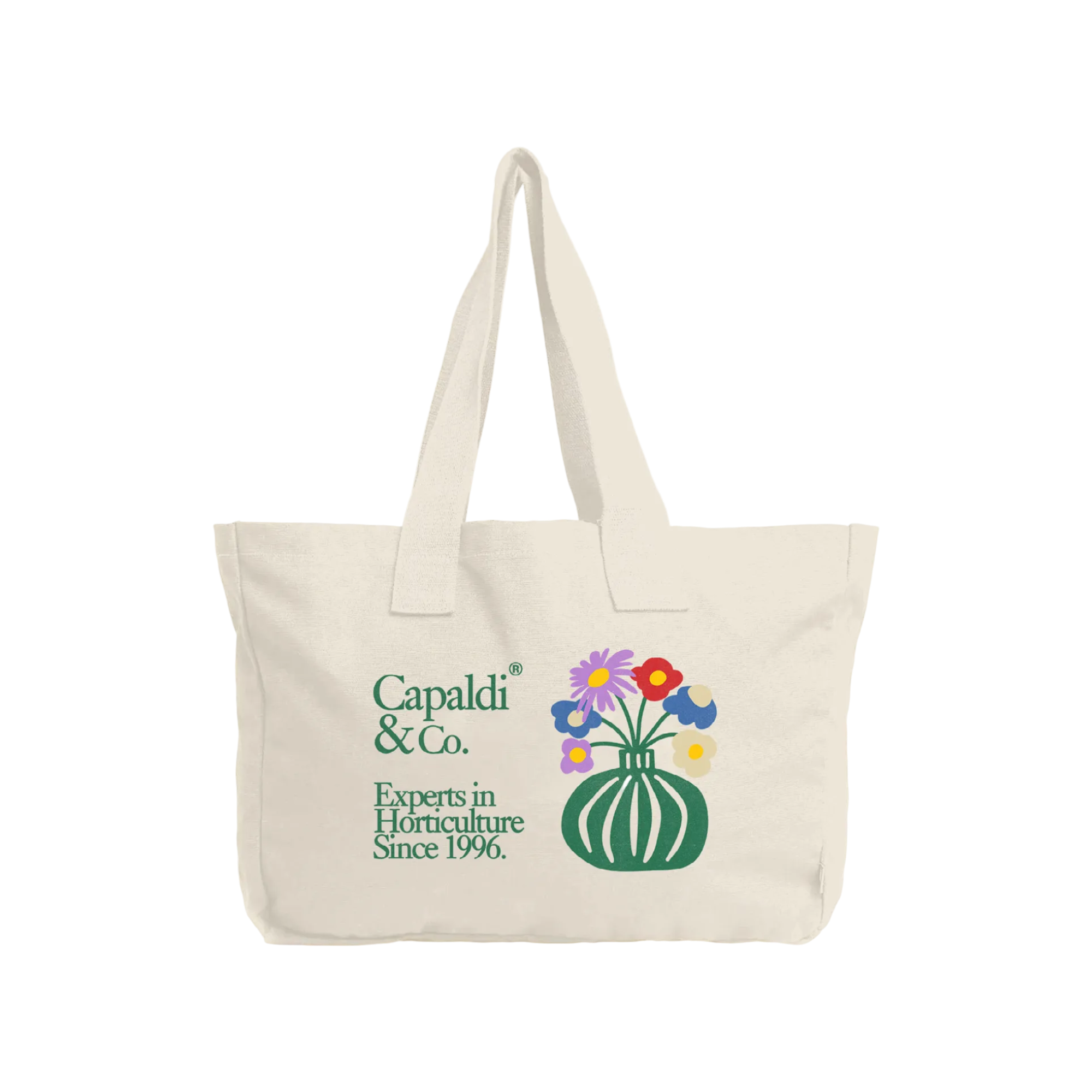 Beige tote bag with floral design and text on a white background